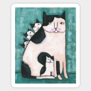 Black and White Mom Cat and Kittens Sticker